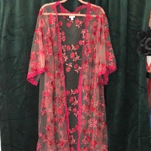 Hot pink appliqué see through kimono
